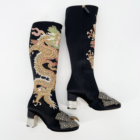 Gucci Black Silk Satin Candy Dragon Embroidered Crystal Bow Heeled Boot EU 37 - Picture 4 of 16